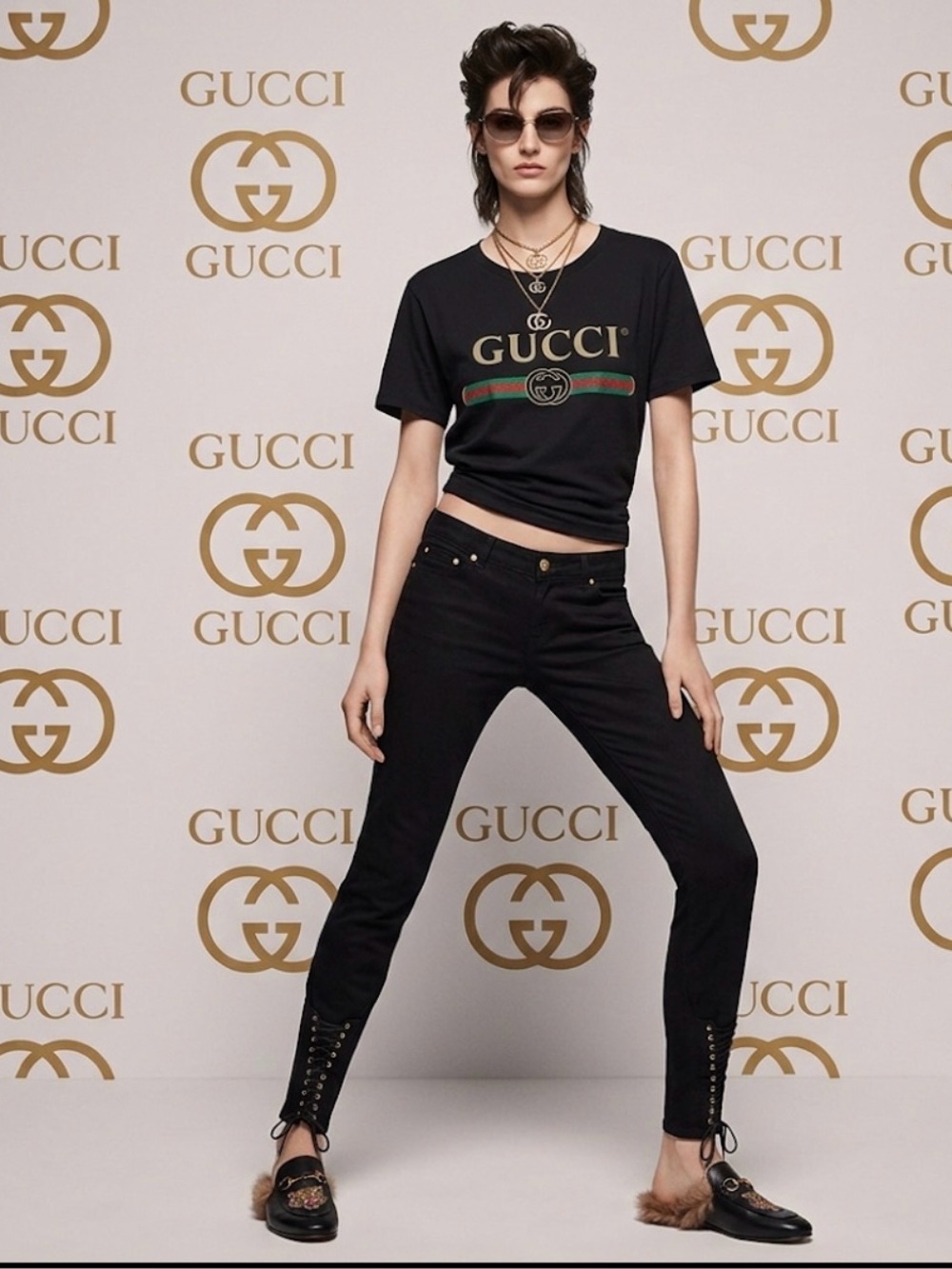 Authentic Gucci luxury designer black lace up denim skinny jeans pants sz 4